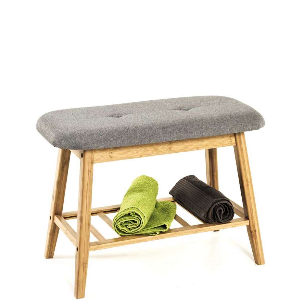 Bank aus Bambusholz hellgrauer Webstoff Sitzfläche