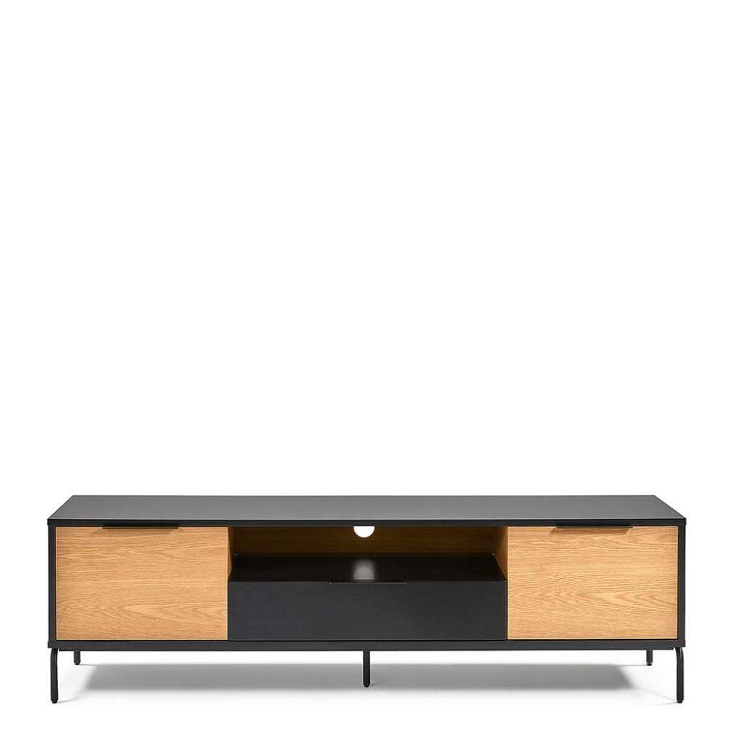 TV Möbel in Schwarz Metall Eiche furniert