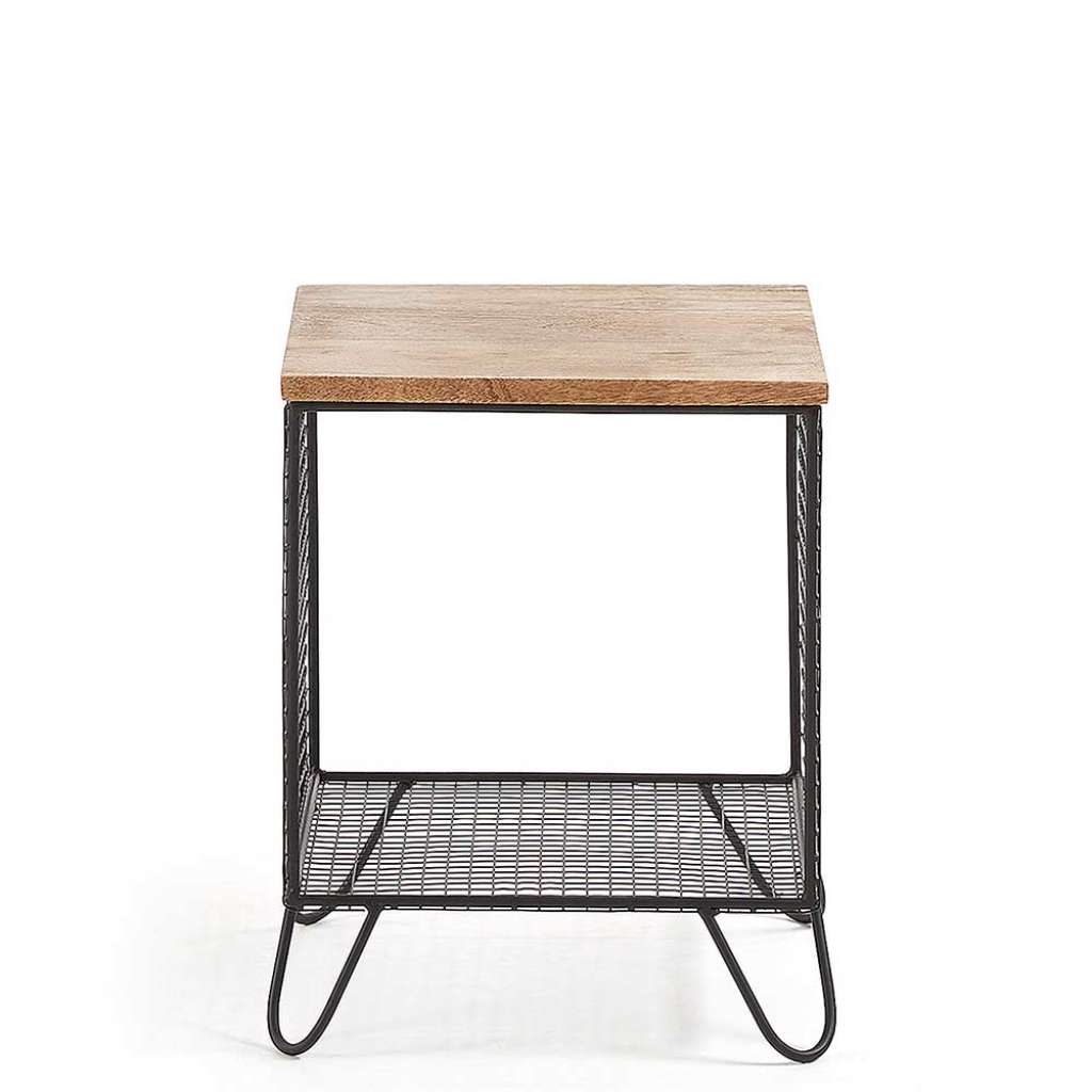 Beistelltischchen aus Mangobaum Massivholz und Stahl Ablage