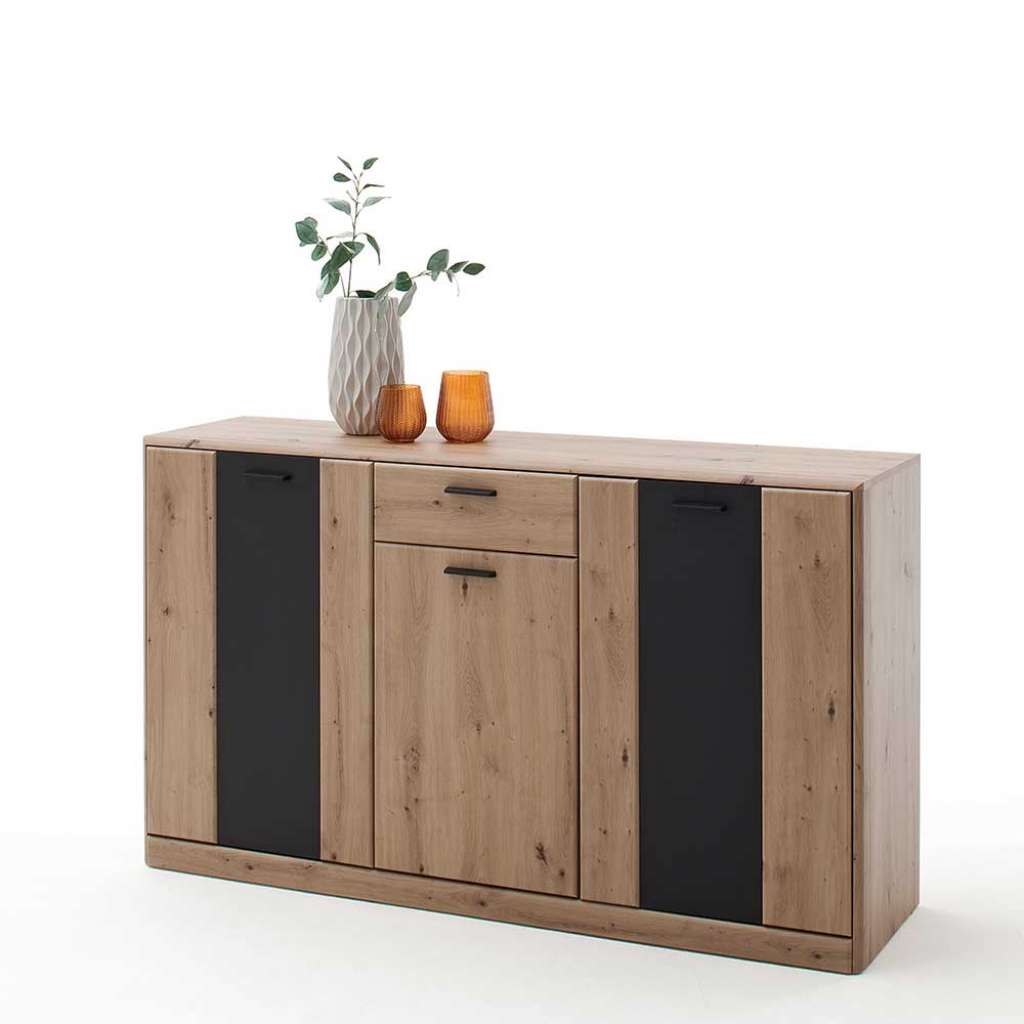Wohnzimmer Kommode in Eiche Optik und Dunkelgrau 160 cm breit