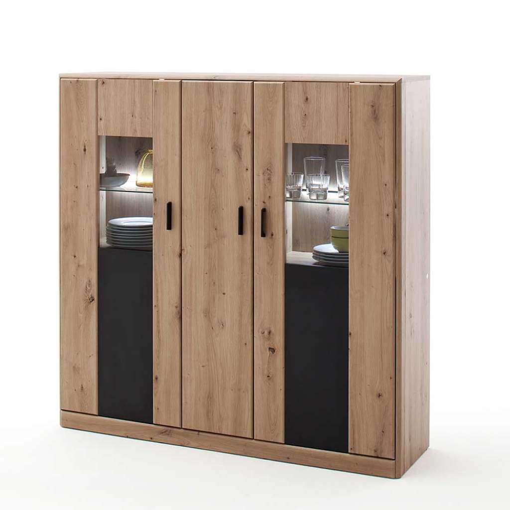 Wohnzimmer Highboard in Eiche Optik und Dunkelgrau Glas