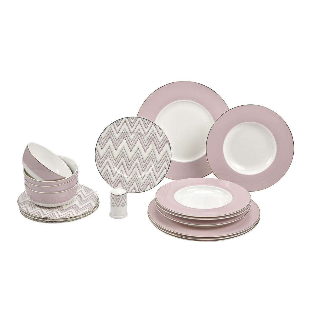 XXXL Fine China KOMBISERVICE 17-teilig, Weiß, Rosa