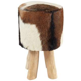 Landscape HOCKER Echtleder Teakholz massiv Braun, Beige