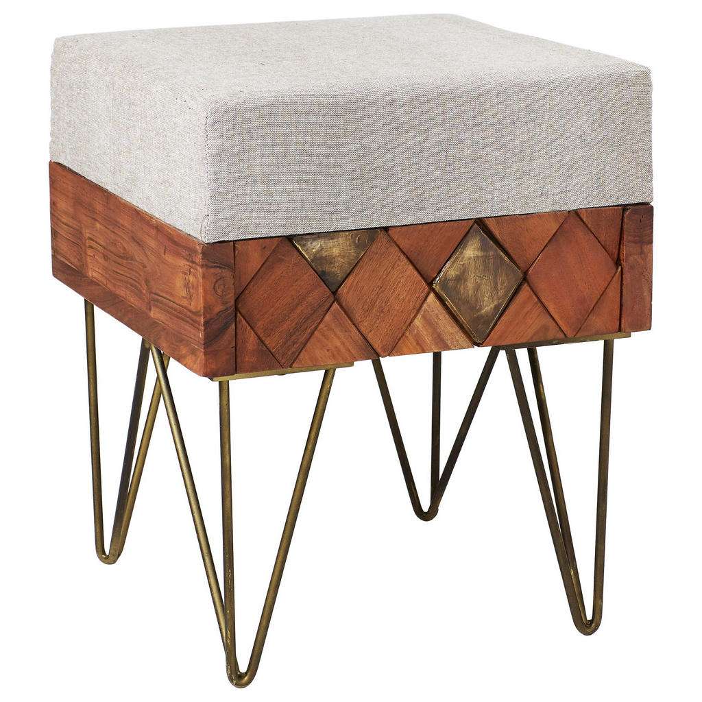 Ambia Home HOCKER Webstoff Akazie massiv Mehrfarbig, Braun, Beige