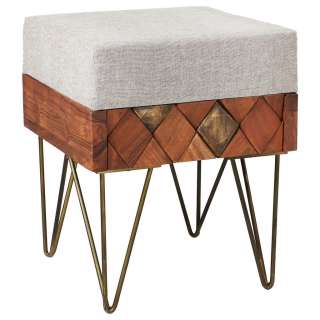 Ambia Home HOCKER Webstoff Akazie massiv Mehrfarbig, Braun, Beige
