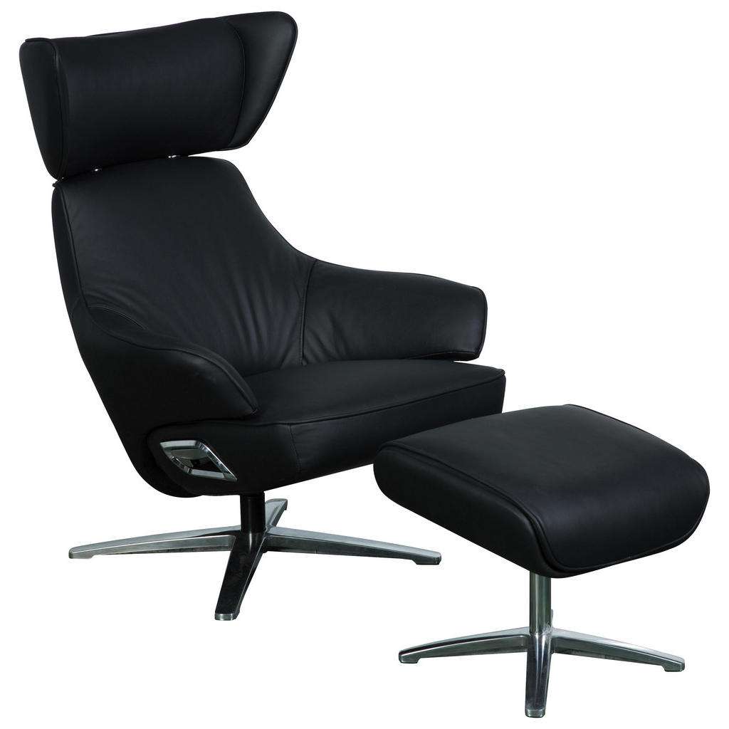 Cantus RELAXSESSELSET Lederlook Kombination Echtleder/Lederlook Hocker, Kopfteilverstellung, Schwarz, Silber