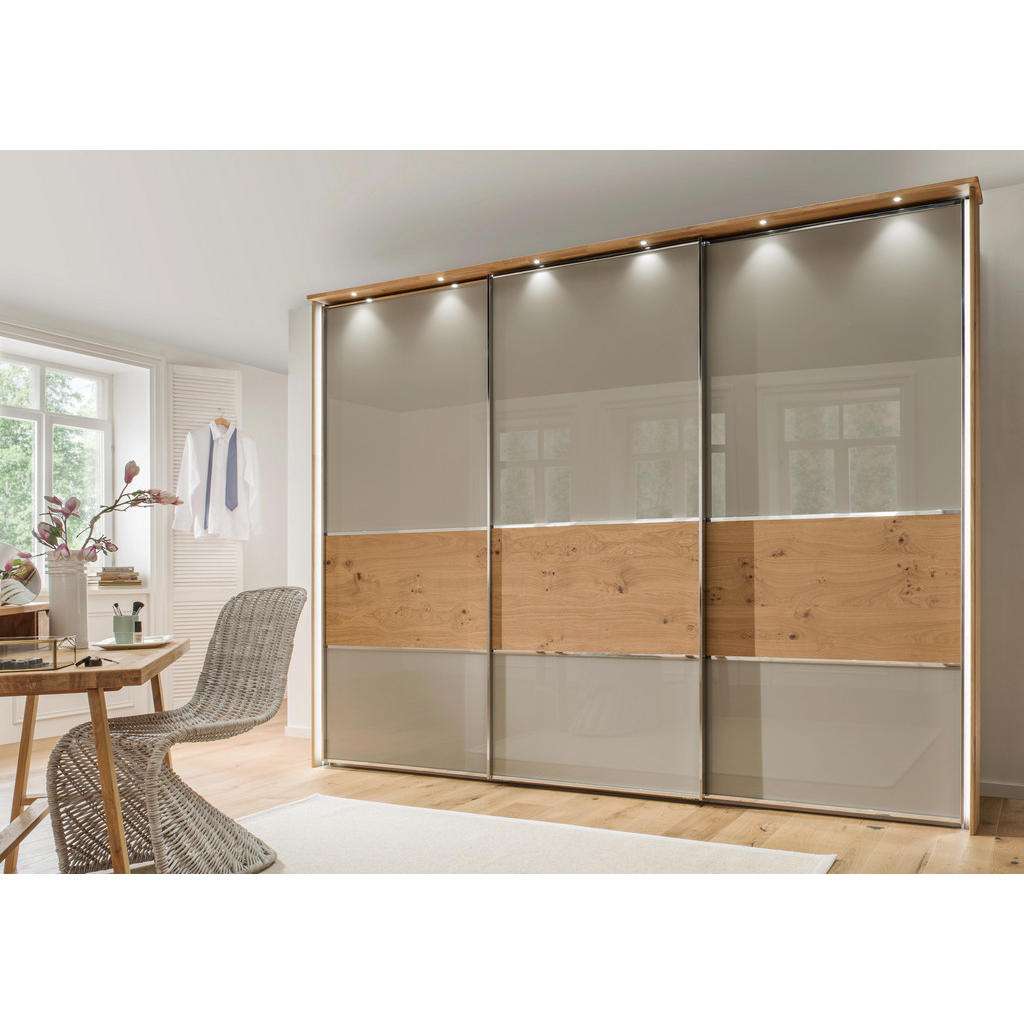 Novel SCHWEBETÜRENSCHRANK 3-türig Eiche, Balkeneiche furniert, massiv Grau, Braun