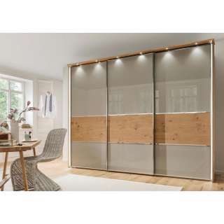 Novel SCHWEBETÜRENSCHRANK 3-türig Eiche, Balkeneiche furniert, massiv Grau, Braun