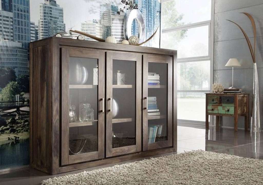 Highboard Sheesham 150x40x110 grau lackiert METRO POLIS #114