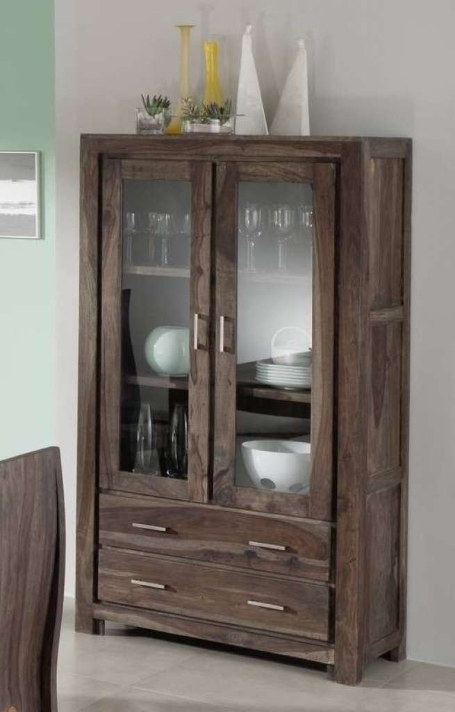 Vitrine Sheesham 100x45x180 grau lackiert METRO POLIS #101