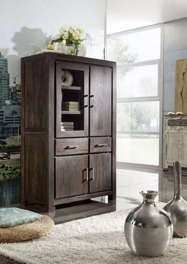 Vitrine Sheesham 90x45x148 grau lackiert METRO POLIS #103