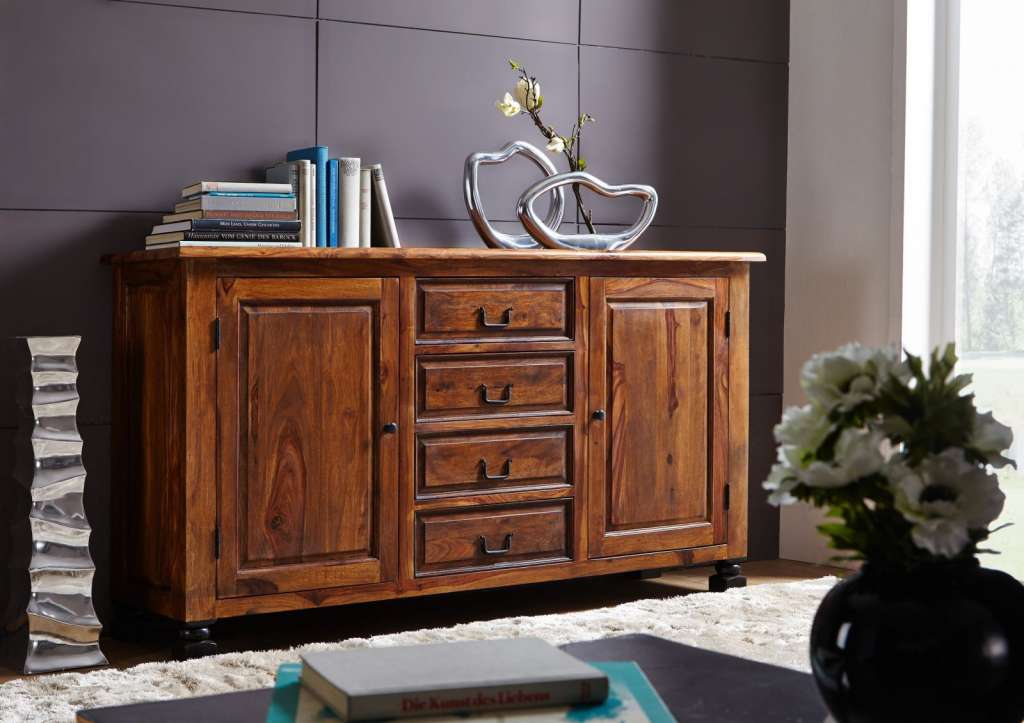 Sideboard Sheesham 165x45x90 schwarz lackiert NEW BOSTON #210