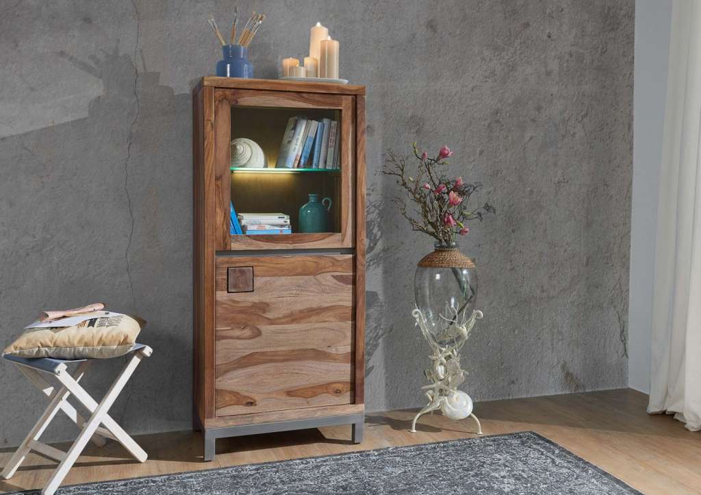 Vitrine Sheesham / Akazie 65x40x148 gebeizt LE HAVRE #04