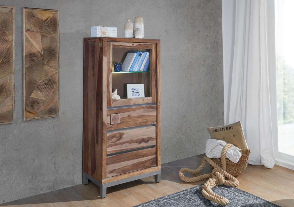 Vitrine Sheesham / Akazie 65x40x148 gebeizt LE HAVRE #03
