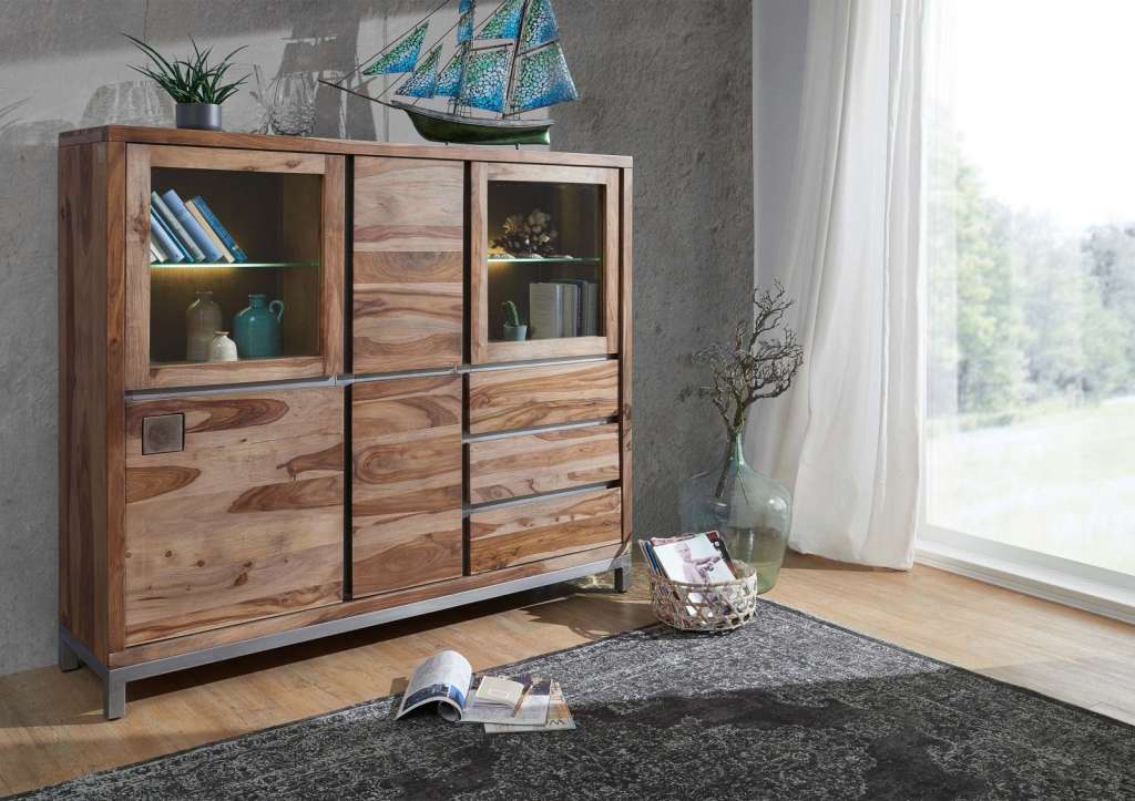 Highboard Sheesham / Akazie 166x40x148 gebeizt LE HAVRE #08