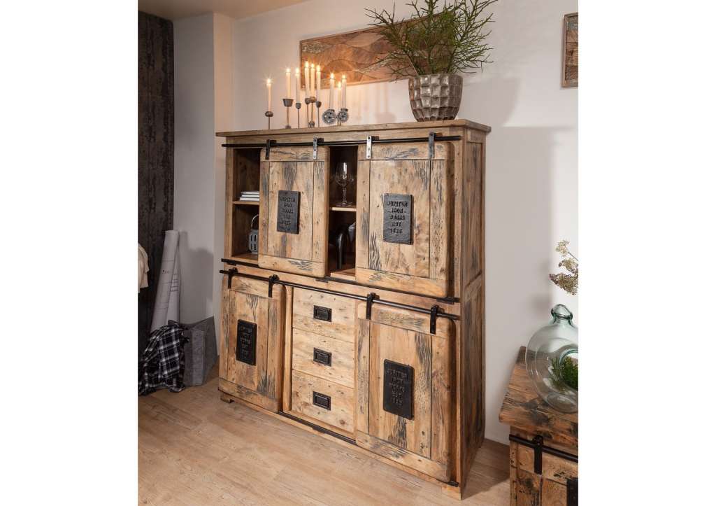 Highboard Mango 150x45x160 natur lackiert RAILWAY #125 Eisen