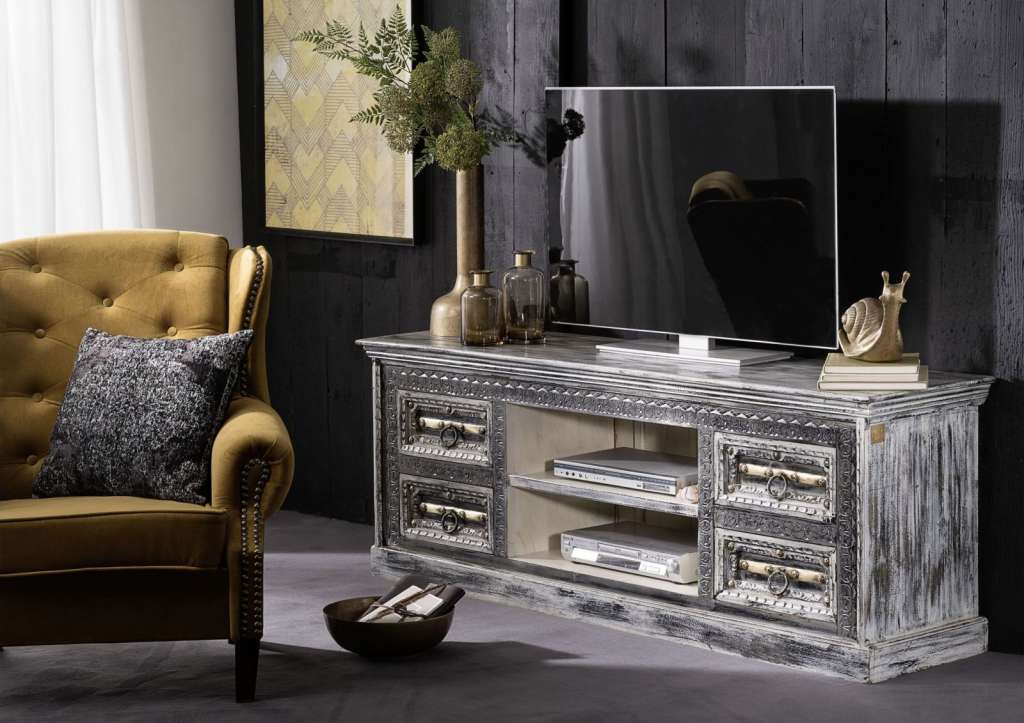 TV-Board Mango 180x50x55 grau gewachst GEMS IDOL #08 Antik
