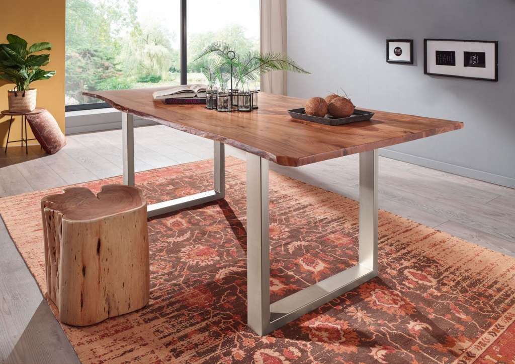 Baumtisch Akazie 200x100x76 natur Beine silber FREEFORM 3