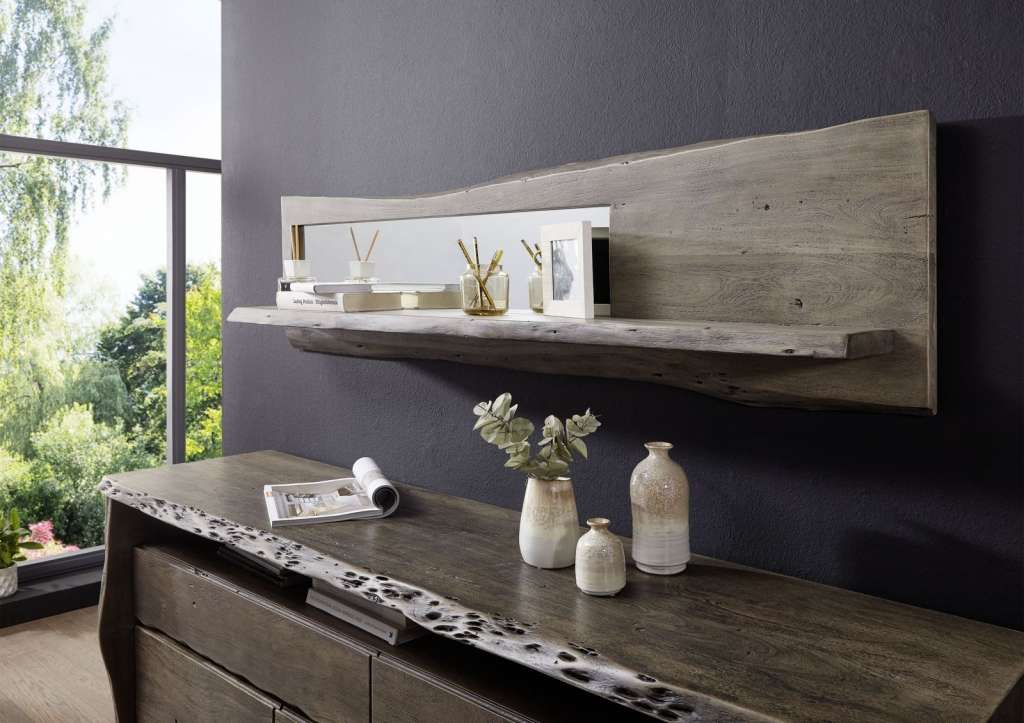 Wandregal Akazie 165x22x38 grau lackiert LIVE EDGE #906