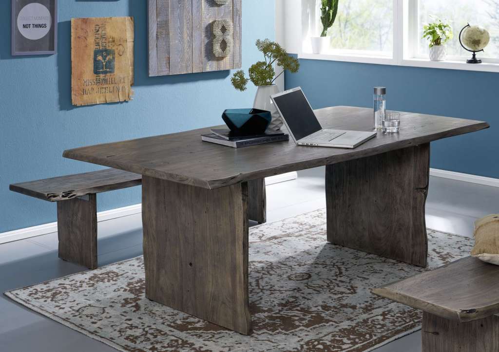 Baumtisch Akazie 220x100x76 grau lackiert LIVE EDGE #416