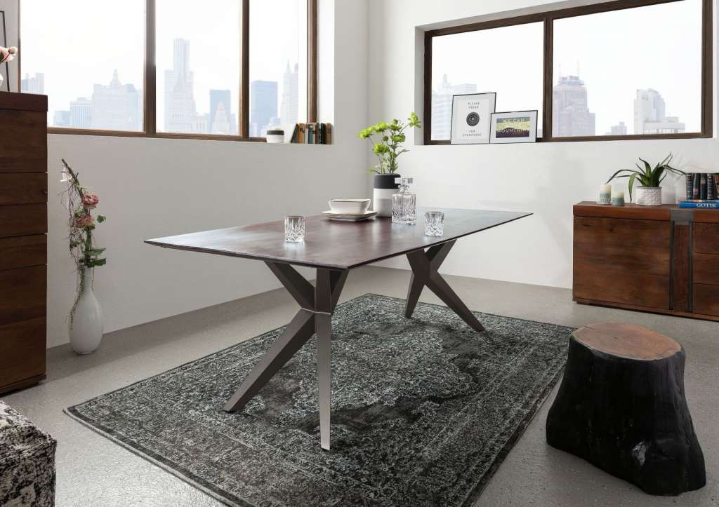 Esstisch Akazie 180x90x76 grau lackiert Beine silber SWISS EDGE #24