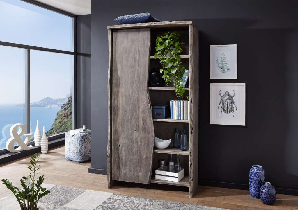 Regal Akazie 105x45x204 grau lackiert LIVE EDGE #910