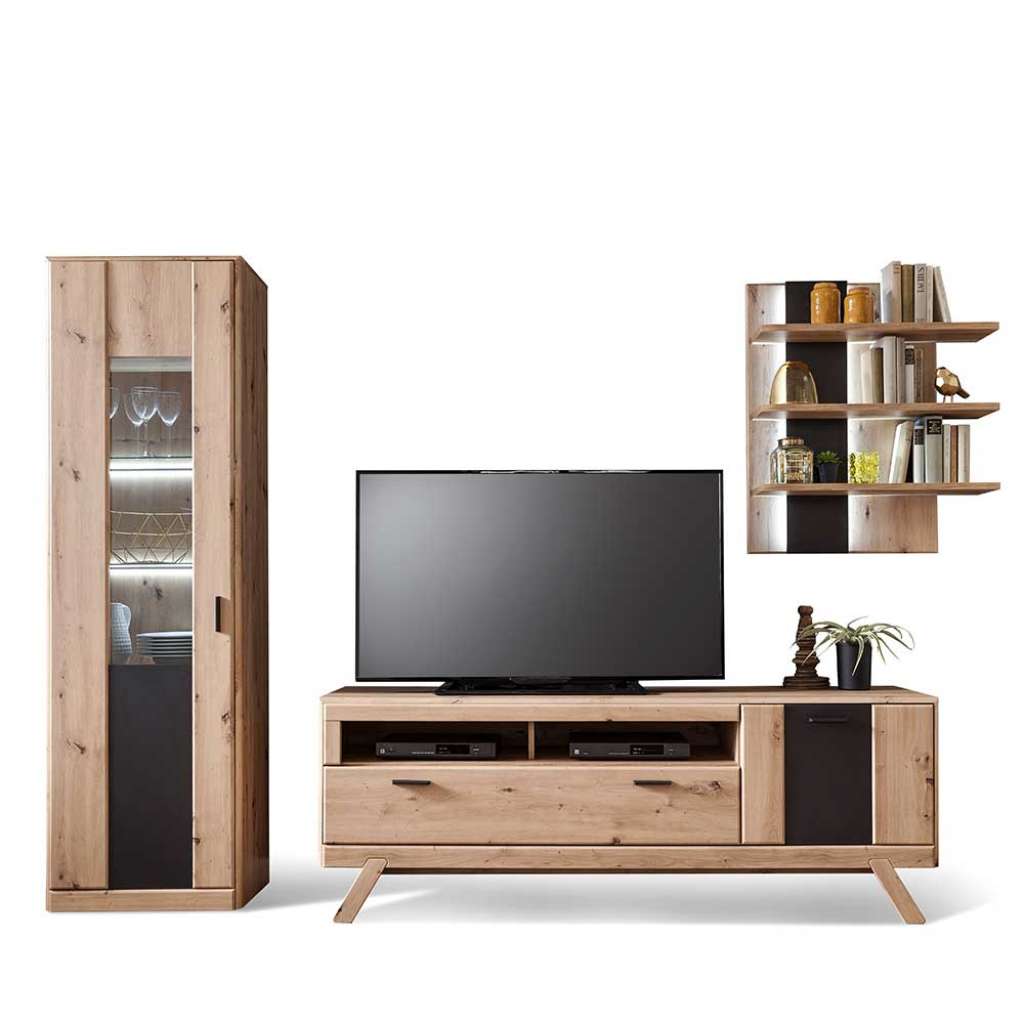 Wohnzimmer Anbauwand in Eiche Optik und Dunkelgrau modern (3-teilig)