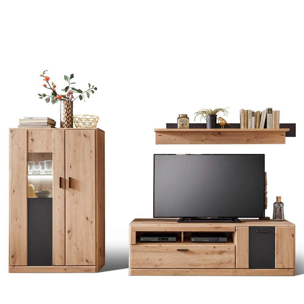 TV Wohnwand in Eiche Optik und Dunkelgrau 270 cm breit (3-teilig)