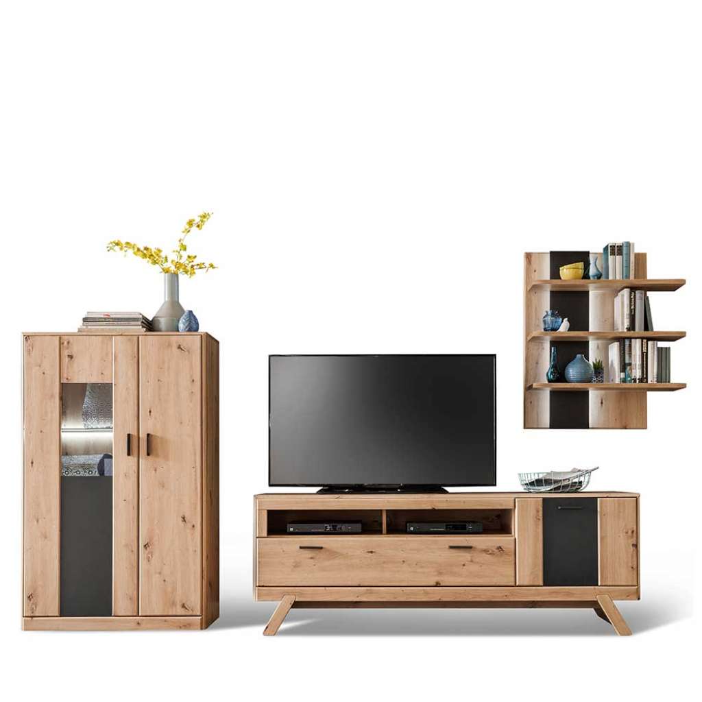 Wohnzimmer Schrankwand in Eichefarben und Dunkelgrau modern (3-teilig)