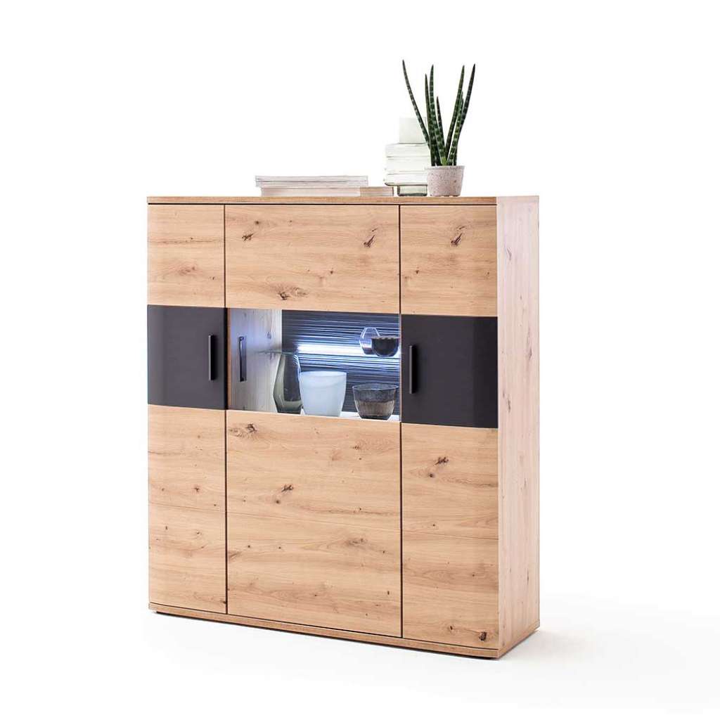 Wohnzimmer Highboard in Eichefarben und Anthrazit 3-türig