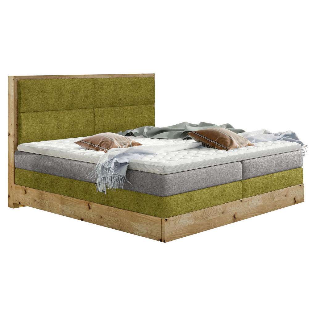 Linea Natura BOXSPRINGBETT Webstoff 140/200 cm INKL. Beleuchtung, Topper, Grün, Braun