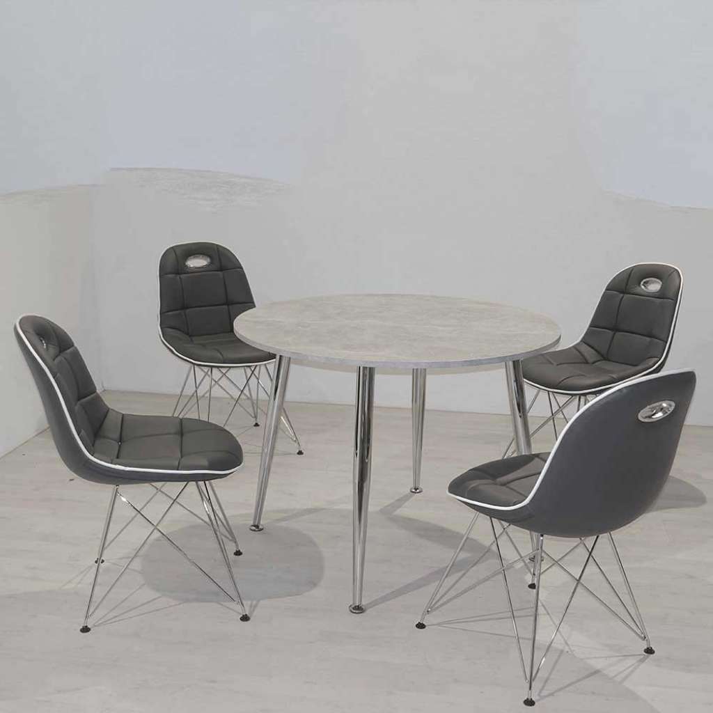 Retro Essgruppe mit rundem Tisch Beton Grau und Dunkelgrau (5-teilig)