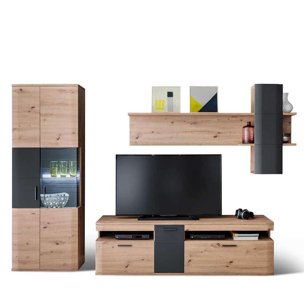 Design Anbauwand in Anthrazit und Eichefarben 290 cm breit (3-teilig)