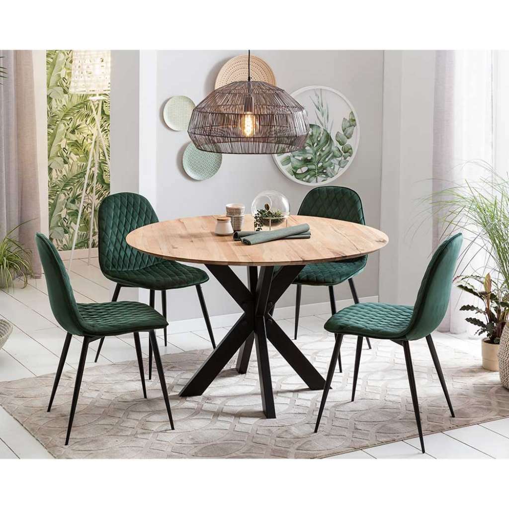 Design Esszimmergruppe mit rundem Tisch dunkelgrünen Polsterstühlen (5-teilig)