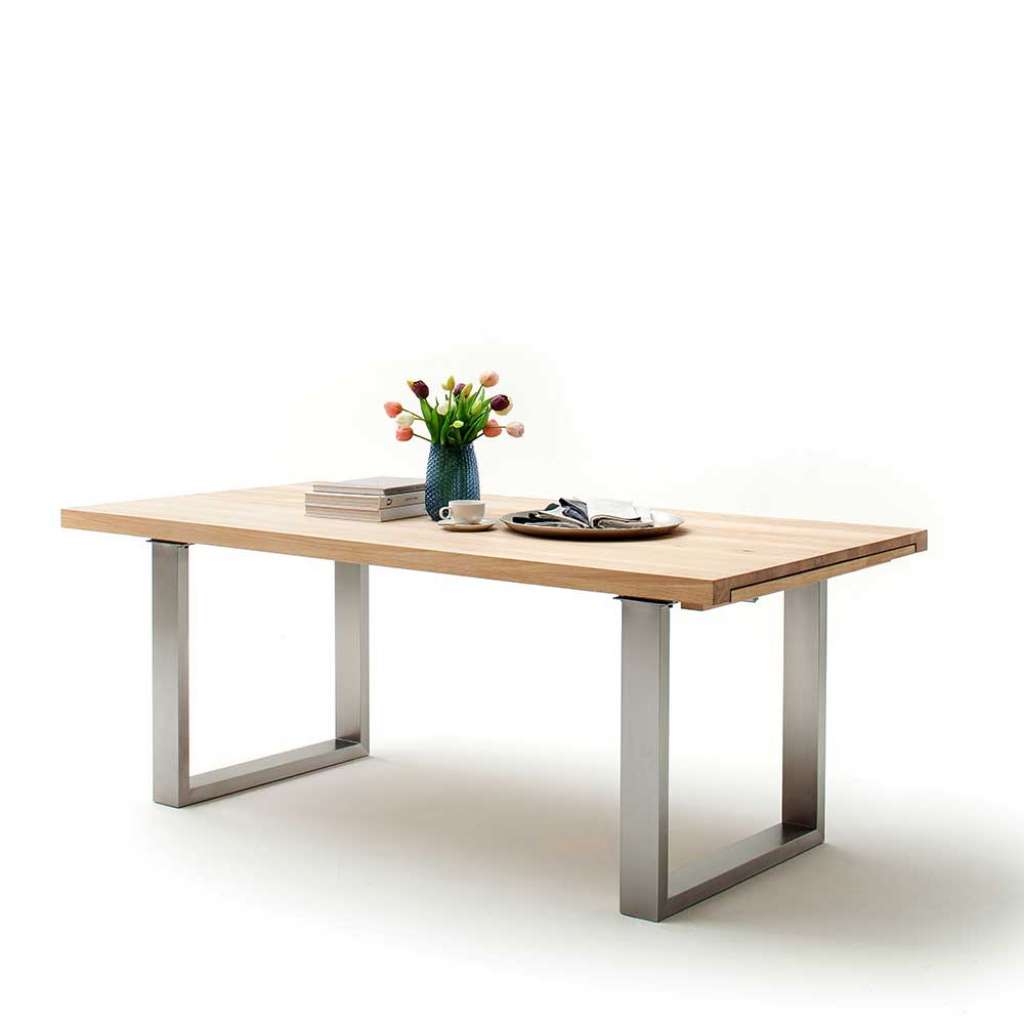 Ausziehbarer Esszimmertisch in Eiche Bianco massiv Bügelgestell in Silberfarben