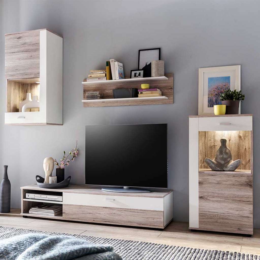 Anbauwand in Weiß und Eiche San Remo LED Beleuchtung (4-teilig)