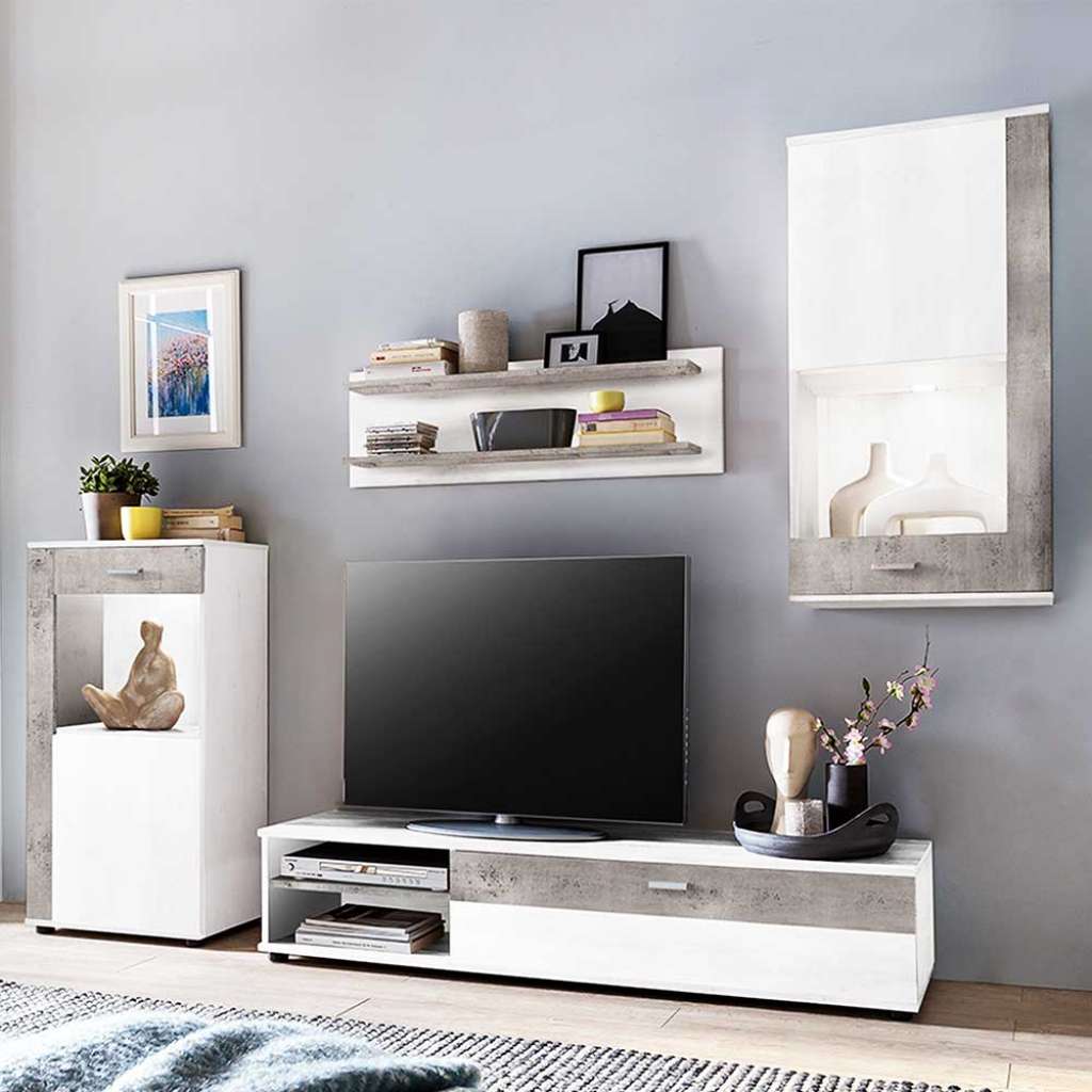 TV Wohnwand in Weiß und Beton Grau modern (4-teilig)