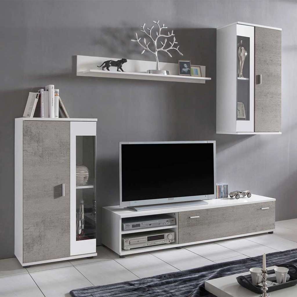 Wohnzimmerschrankwand in Weiß und Beton Grau 175 cm hoch (4-teilig)