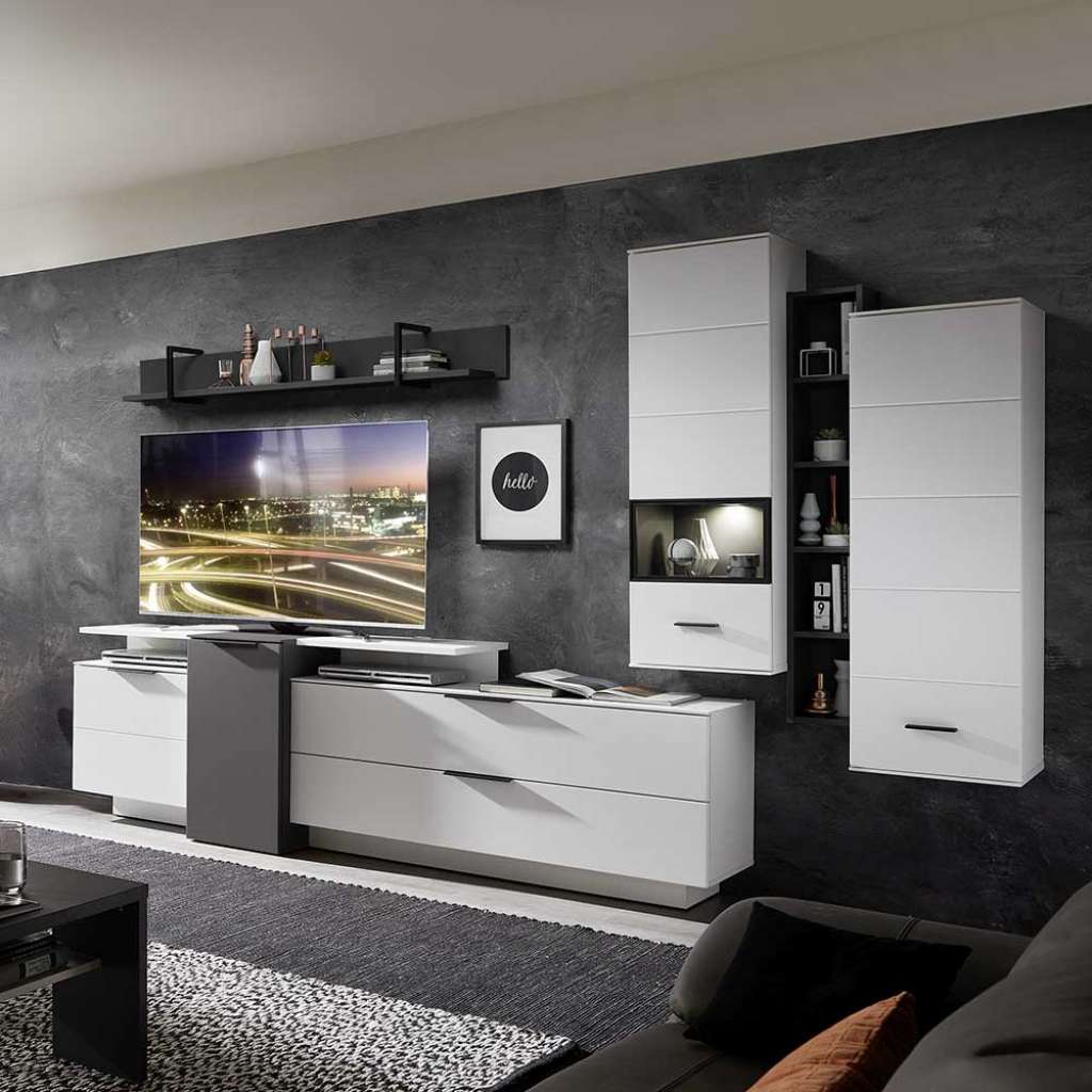 Design Wohnwand mit LED Beleuchtung Weiß und Dunkelgrau (7-teilig)