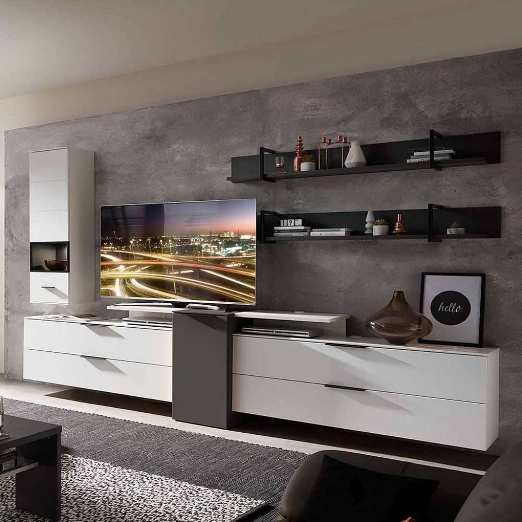 Design Anbauwand in Weiß und Dunkelgrau LED Beleuchtung (6-teilig)