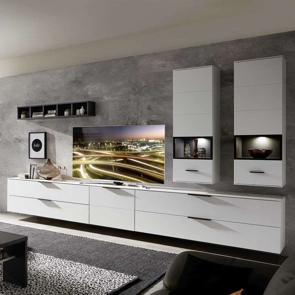Design Wohnwand in Weiß und Dunkelgrau LED Beleuchtung (6-teilig)