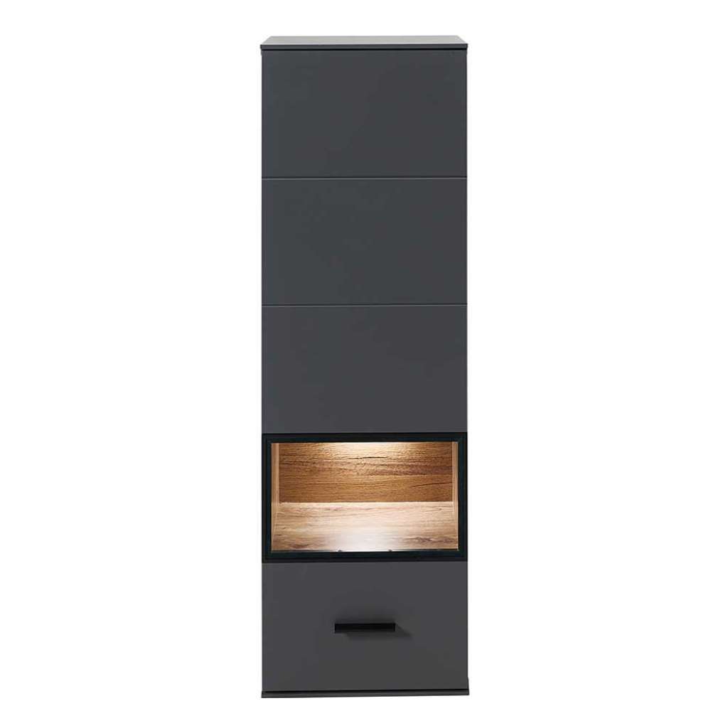 Wohnzimmer Wandvitrine in Dunkelgrau und Eiche dunkel LED Beleuchtung