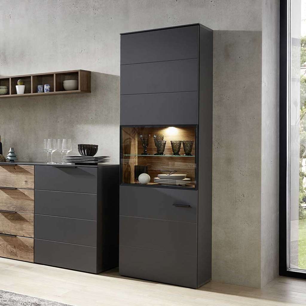 Schrank Vitrine in Dunkelgrau und Eiche dunkel 60 cm breit