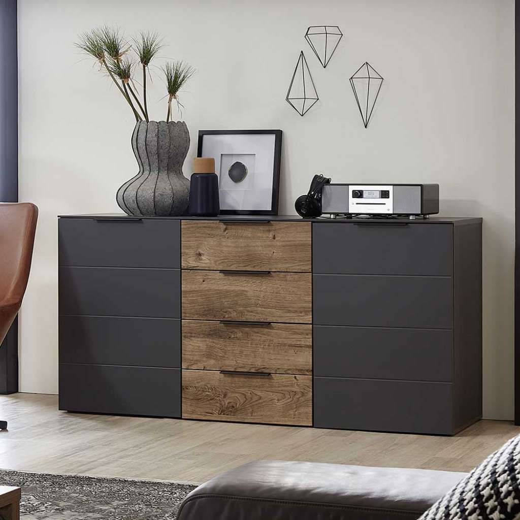 Wohnzimmer Kommode in Eiche dunkel und Dunkelgrau 180 cm breit