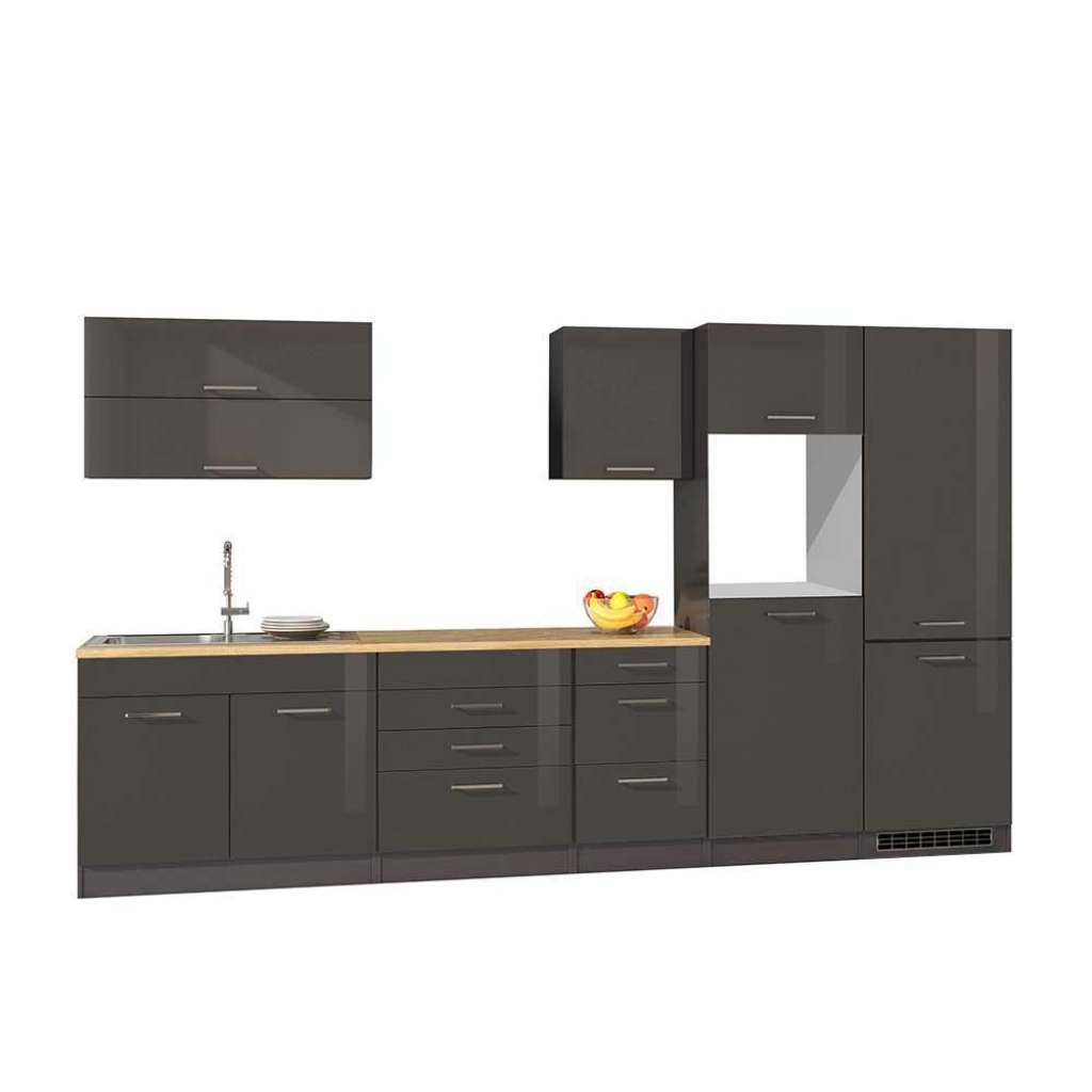 Küchenzeile in Grau Hochglanz 350 cm breit (8-teilig)