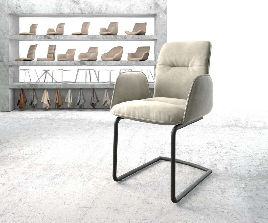 DELIFE Esszimmerstuhl Vinja-Flex Beige Samt Freischwinger rund schwarz, Esszimmerstühle