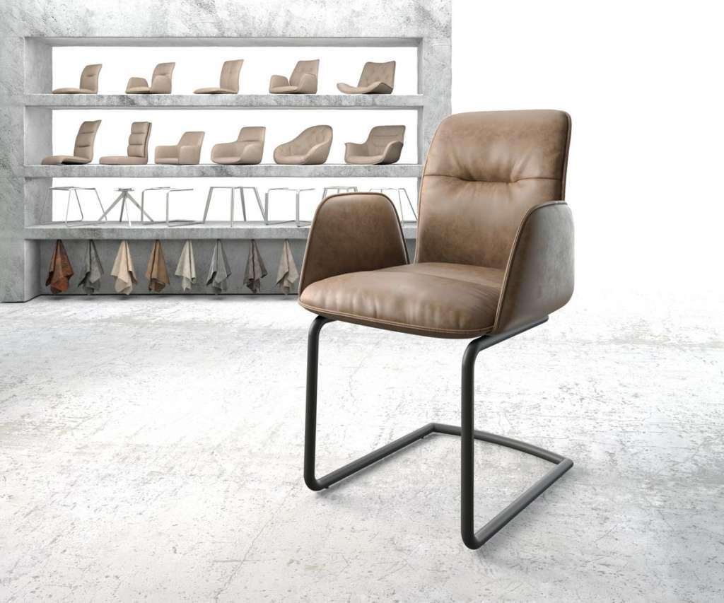 DELIFE Esszimmerstuhl Vinja-Flex Braun Kunstleder Freischwinger rund schwarz, Esszimmerstühle