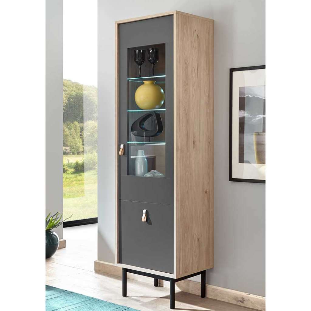 Wohnzimmervitrine in Dunkelgrau und Hickory Optik 185 cm hoch