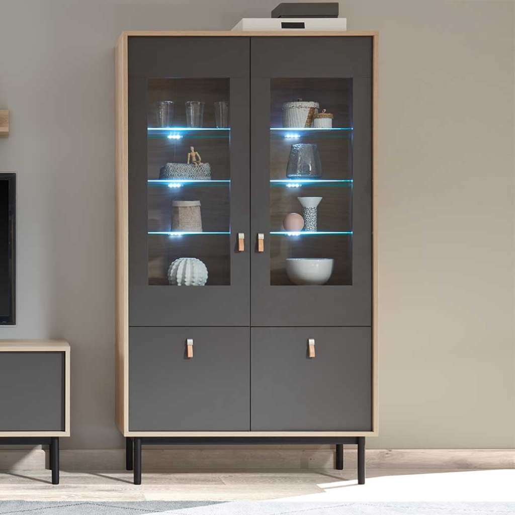 Wohnzimmer Vitrine in Dunkelgrau und Hickory Optik 185 cm hoch