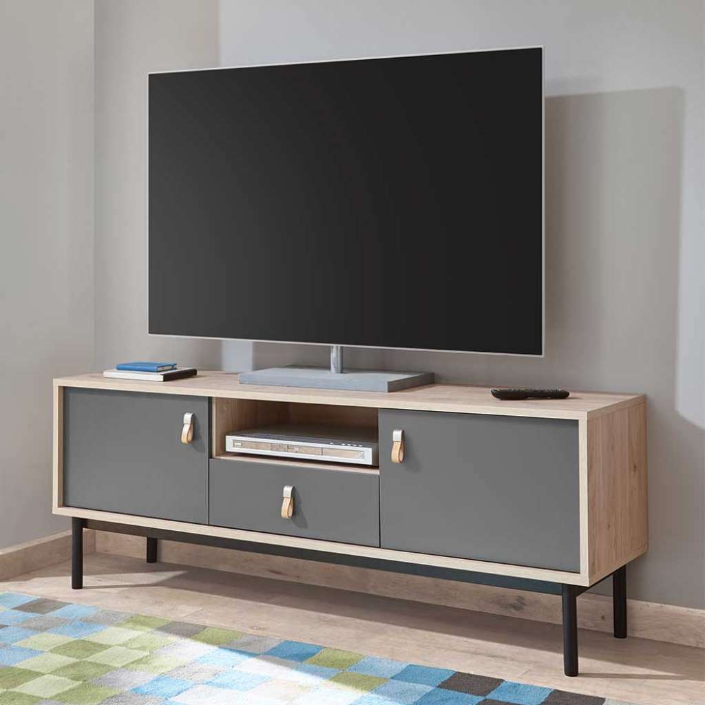 Fernsehlowboard in Dunkelgrau und Hickory Optik Türen